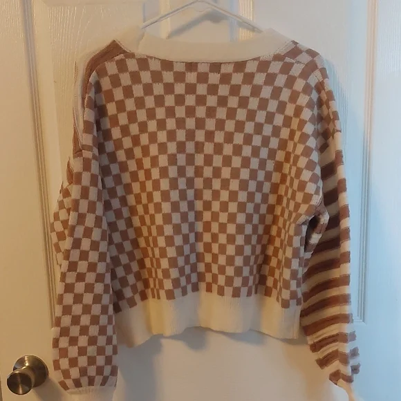 ADORA Women's Striped and Checkered Cardigan - Brown and Cream Size Med NWOT - Picture 3 of 5